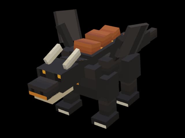 Ein kohlschwarzer Blockdrache mit Kupferplatten, Elfenbeinhörnern und gefalteten Flügeln.