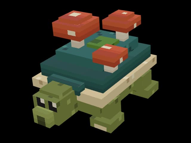 Eine olivgrüne Blockschildkröte mit türkisgrünem Panzer, cremefarbenem Rand und drei roten Pilzen.